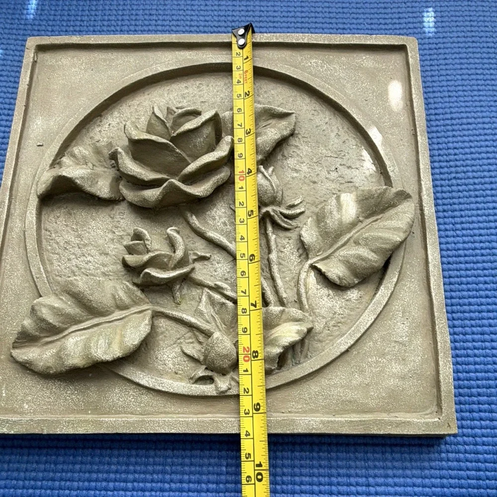 Beige Stone 3D Raised Rose Floral Relief Square Wall Plaque Hanging 9.5x9.5 in